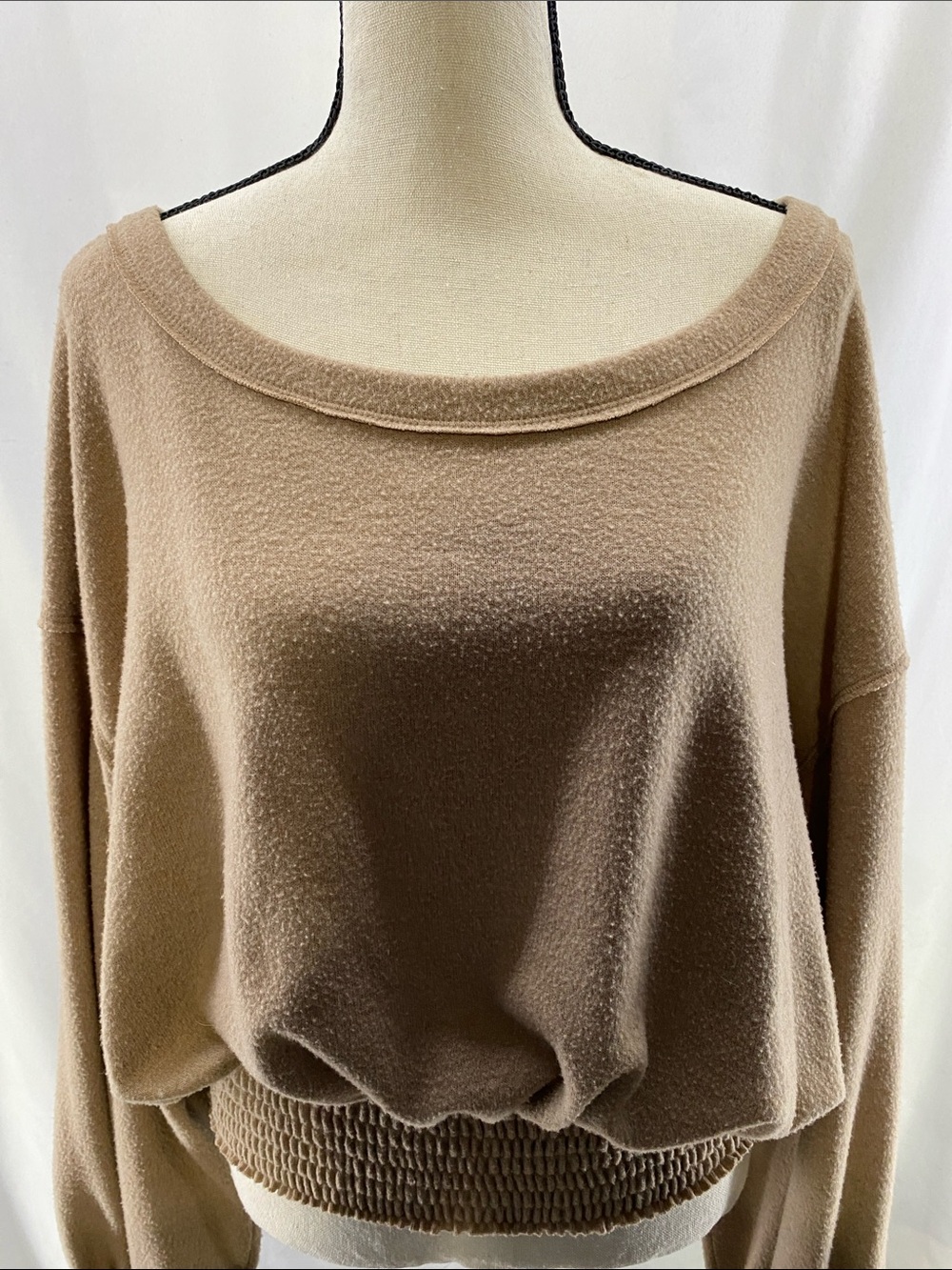 WE THE FREE Taupe Off‑Shoulder Smocked Hem Long Sleeve Sweater—L - Picture 5 of 15